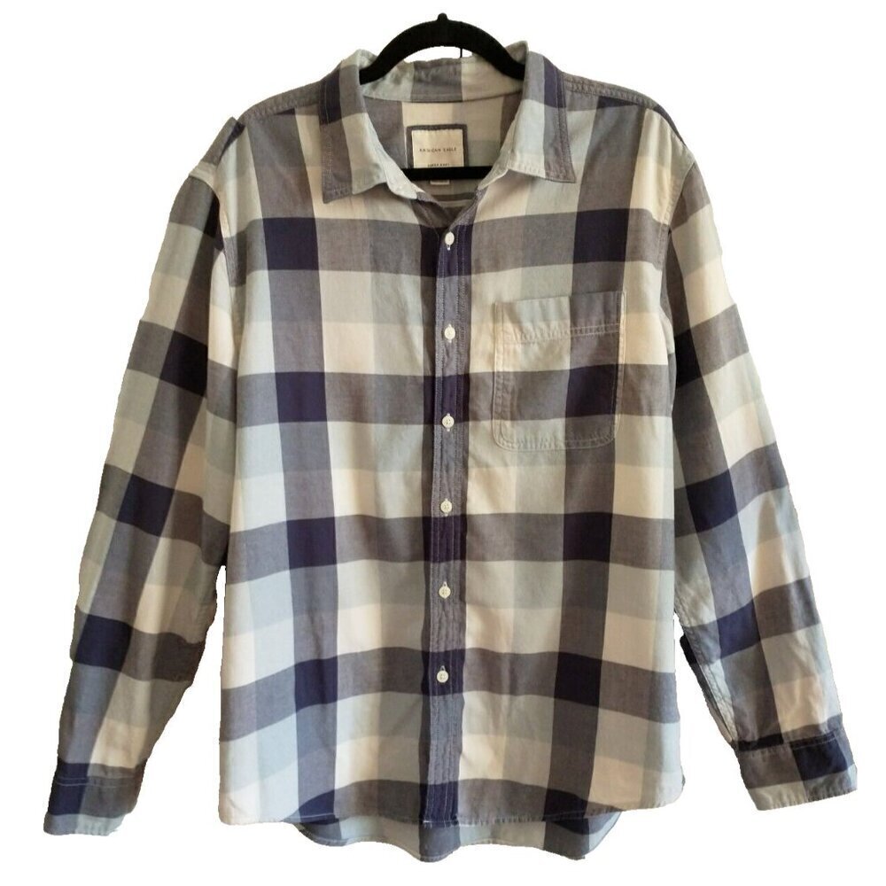 American Eagle Super Soft Cotton Mens Button Up Flannel Shirt Blue Plaid - Large
